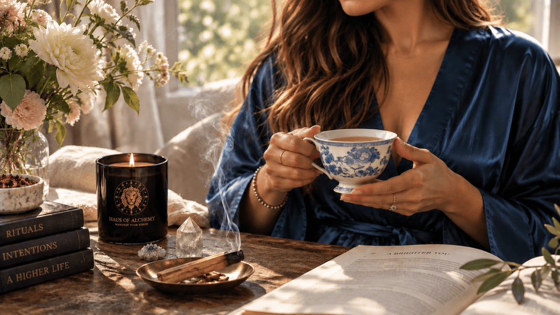 Woman holding tea beside a Haus of Alchemy candle and ritual objects