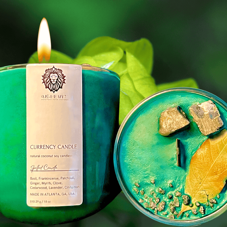 Currency Candle | Spelled Money Candle | Manifest Wealth & Clear Financial Blockages