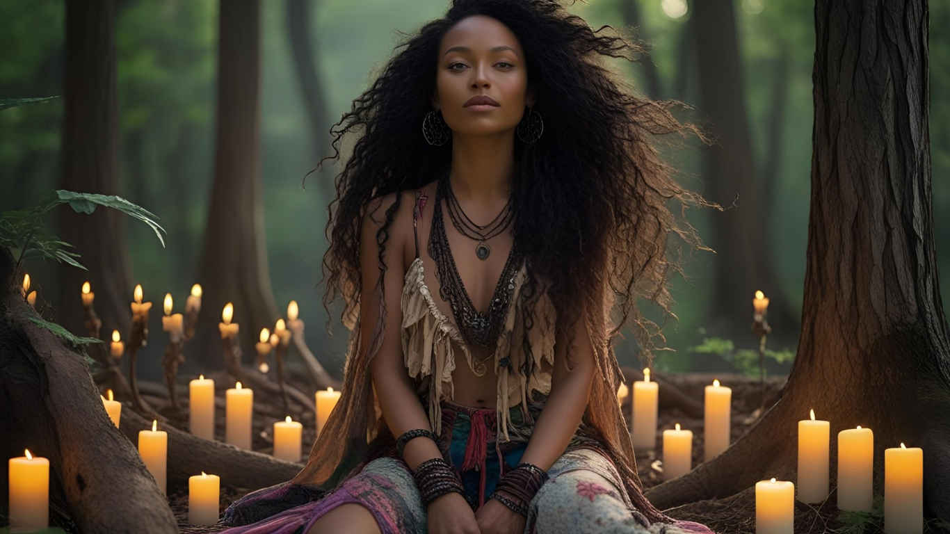 Woman sitting in a forest with candles around her