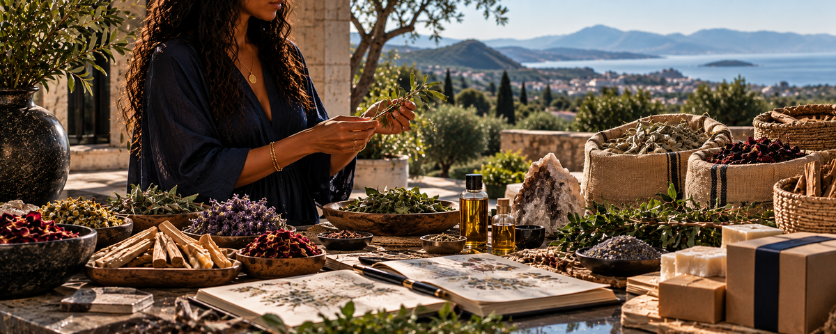 Woman selecting botanicals among ingredients and a formulation journal